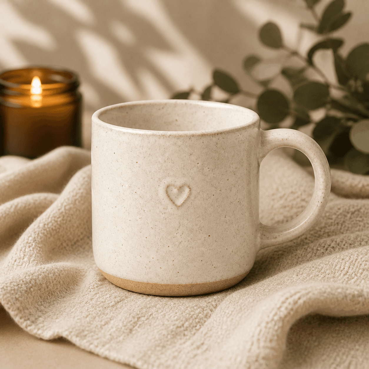 Ceramic mug beside a candle and leaves